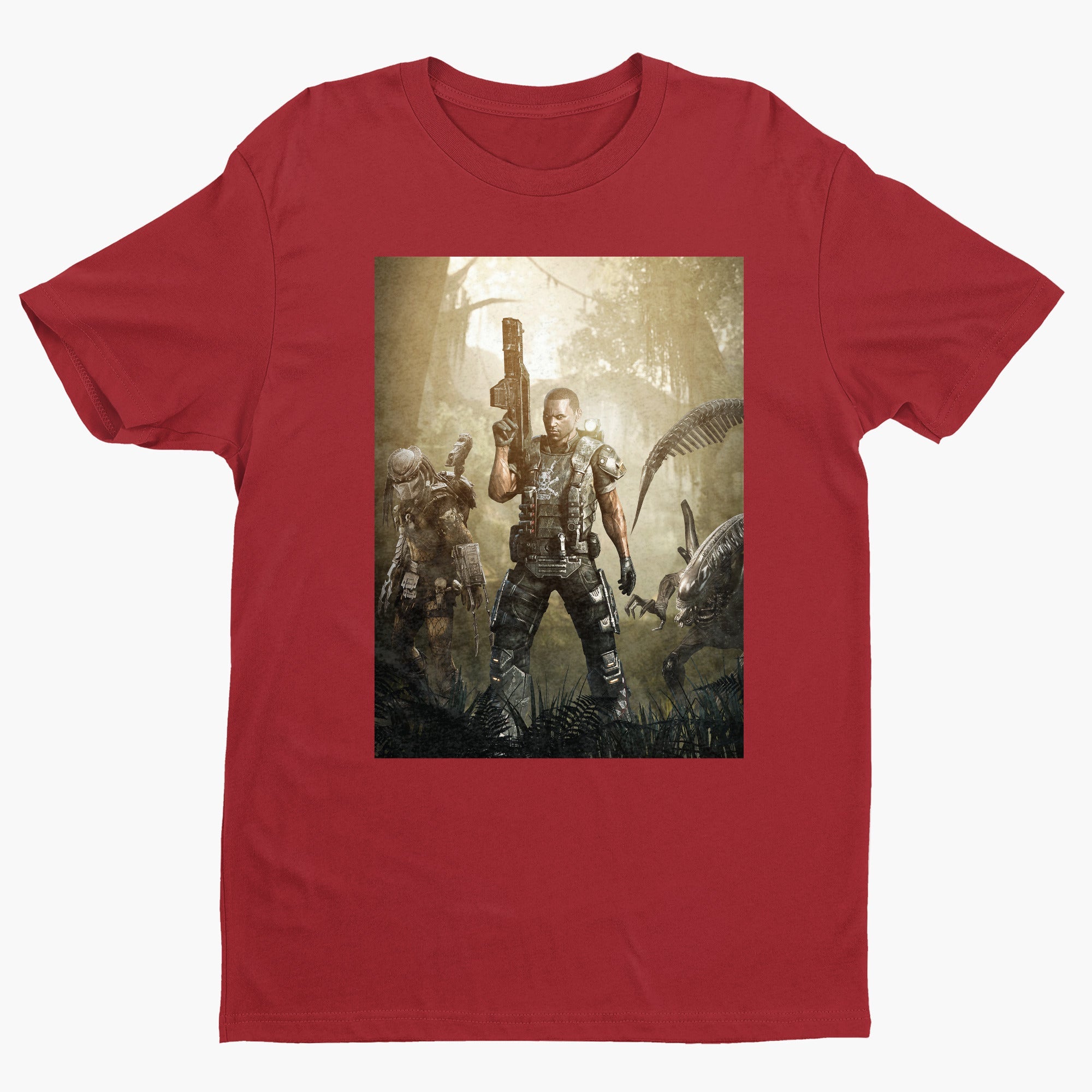 Aliens vs. Predator Colonial Marine tee — red unisex t-shirt, front view